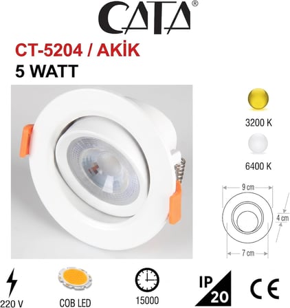 Amber LED Akik 7W Beyaz Kasa Sıva Altı Spot CT-5204G- 1 ADET 3200K GÜNIŞIĞI
