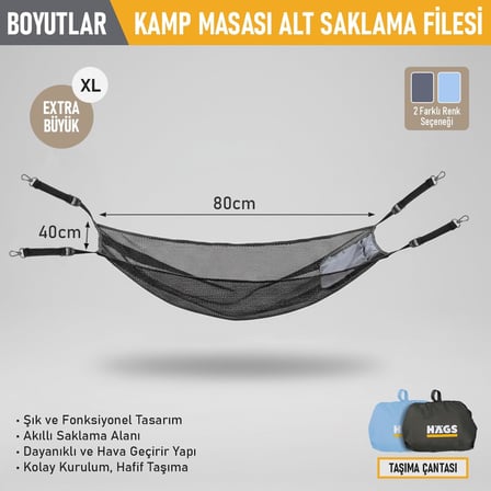 Haegs Masa Altı Saklama Filesi, Kamp Piknik Outdoor için Masa Altı Kamp Malzemeleri Eşya Depolama, Düzenleyici Organizer Kese Hurç File - XL - 80x40 cm - Gri