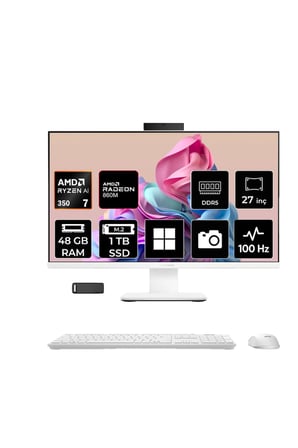 ExpertCenter P600 Ryzen AI 7 350 48GB RAM 1TB SSD 27" Full HD (1920x1080) Win11 Home PM670KAP333 Beyaz AI-Powered All In One Bilgisayar + Per4 USB Bellek
