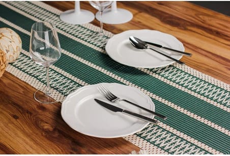 Tropik Home Pamuk Dantel Püsküllü Yeşil Runner, Sunum Örtüsü Dantel Bej 35x145 Cm Runner Masa Örtüsü