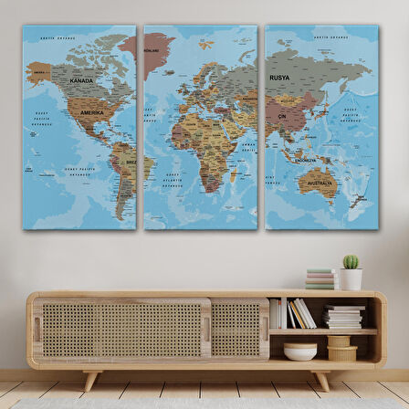 Harita Sepeti Dünya Haritası Türkçe Kanvas Tablo Ayrıntılı Dekoratif-Okyanuslu 2182