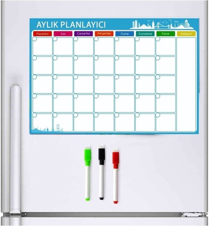 Dünya Magnet Aylık Magnet Planlayıcı, 35X50 Cm Katlanabilir Silinebilir Mıknatıslı Yazı Tahtası Pano + 3 Kalem