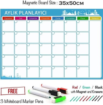 Dünya Magnet Aylık Magnet Planlayıcı, 35X50 Cm Katlanabilir Silinebilir Mıknatıslı Yazı Tahtası Pano + 3 Kalem