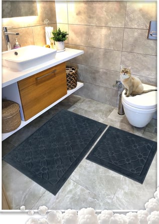 %100 Pamuk Dokuma Su Emici Banyo Paspas Seti, Banyo Halısı Çiçek 2 Li Set 60x100-60x50 (ANTRASİT)