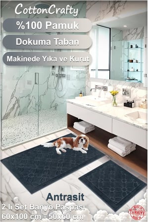 %100 Pamuk Dokuma Su Emici Banyo Paspas Seti, Banyo Halısı Çiçek 2 Li Set 60x100-60x50 (ANTRASİT)