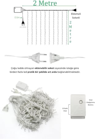 Saçaklı Perde Led Işıklar Animasyonlu Kumandalı Fişli - Günışığı (2x2)