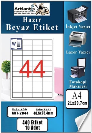 A4 Hazır Etiket 48.5x25.4 mm 10 Sayfa 1 Paket 44 lü Kendinden Yapışkanlı Fotokopi Lazer İnkjet Kağıdı Yazıcılar İçin Uyumlu