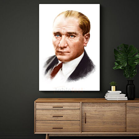 Sanatsal Atatürk - Beyaz Fonda Kırmızı Detaylı Kanvas Tablo
