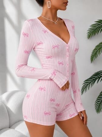 Pembe Fiyonk Desenli Uzun Kollu Pijama Tulumu