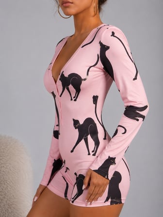 Kedi Desenli Uzun Kollu Şortlu Pijama Tulum