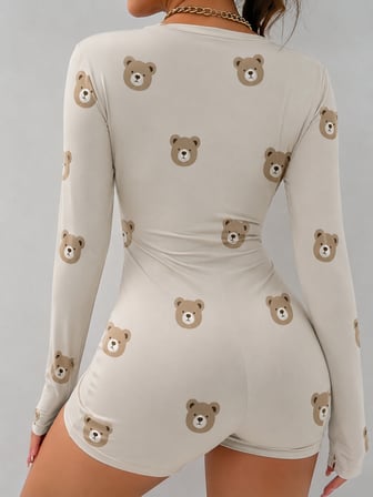 Kadın Ayıcık Desenli Uzun Kollu Şortlu Pijama Tulum