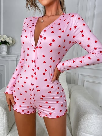 Pembe Kalp Desenli Uzun Kollu Pijama Tulum