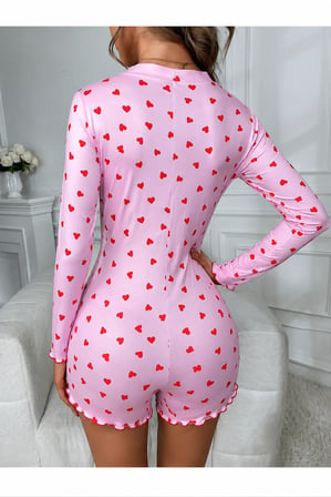 Pembe Kalp Desenli Uzun Kollu Pijama Tulum