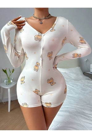 Ayıcık Desen Uzun Kollu Düğmeli Şort Tulum Pijama