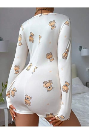 Ayıcık Desen Uzun Kollu Düğmeli Şort Tulum Pijama