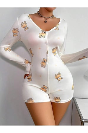 Ayıcık Desen Uzun Kollu Düğmeli Şort Tulum Pijama
