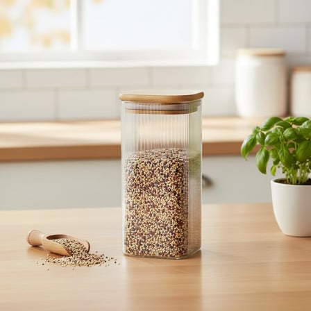 Deconox 6'lı Set 425 ml Bambu Kapaklı Kare Cam Kavanoz - 6x12 cm Vakumlu Uzun Boy Şeffaf Erzak Kabı Kahve Çay Baharatlık ve Mutfak Düzenleyici Organizer Saklama Kutusu