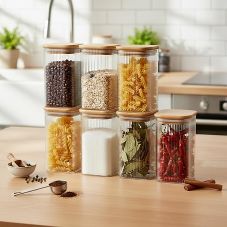 Deconox 6'lı Set 425 ml Bambu Kapaklı Kare Cam Kavanoz - 6x12 cm Vakumlu Uzun Boy Şeffaf Erzak Kabı Kahve Çay Baharatlık ve Mutfak Düzenleyici Organizer Saklama Kutusu