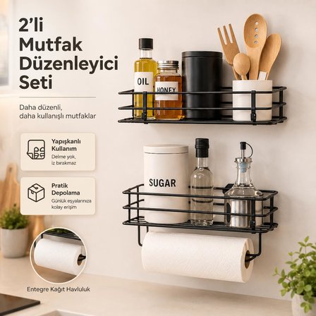 2’li Yapışkanlı Siyah Mutfak Organizer Seti, Metal Baharatlık ve Yağlık Raf, Kağıt Havluluklu Alt Raf, Delmeden Kolay Kurulumlu Mutfak Düzenleyici