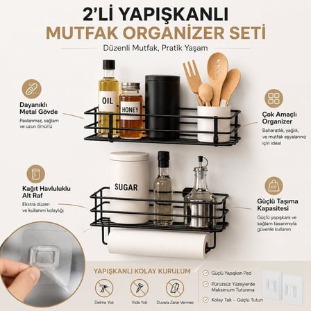 2’li Yapışkanlı Siyah Mutfak Organizer Seti, Metal Baharatlık ve Yağlık Raf, Kağıt Havluluklu Alt Raf, Delmeden Kolay Kurulumlu Mutfak Düzenleyici