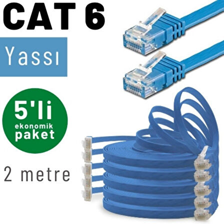 IRENIS 5 adet 2 metre CAT6 Kablo Yassı Ethernet Network Lan Ağ İnternet Kablosu