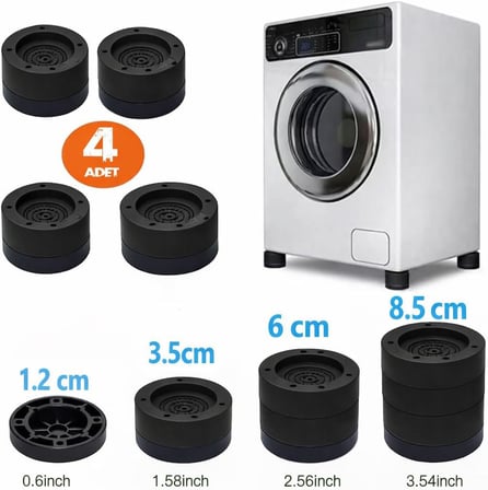 Beyaz Eşya Ayağı Çamaşır Makinesi Mobilya Titreşim Önleyici Kaydırmaz Yükseltici 4 Lü Set SİYAH (8.5 CM)