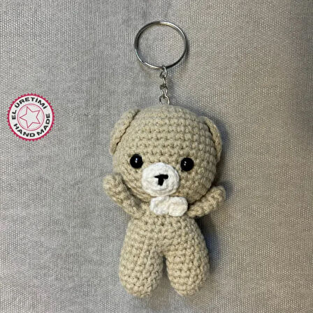 Uretti-VENHAR7589 - El Örgüsü Amigurumi Papyonlu Ayı Anahtarlık - Bej