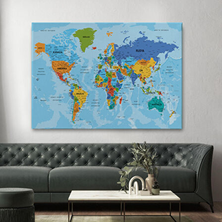 Harita Sepeti Dünya Haritası Türkçe Kanvas Tablo Ayrıntılı Dekoratif-Okyanuslu 2188