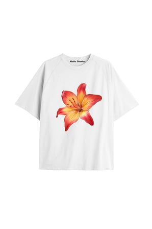Kadın Çiçek  Özel Baskılı Renkli Oversize Penye Pamuklu Bisiklet Yaka T-Shirt