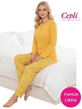 Kadın Sarı Çiçek Desen Mevsimlik Pamuklu Penye Uzun Kol Cepli Pijama Takımı-Slim Fit Dar Kalıp