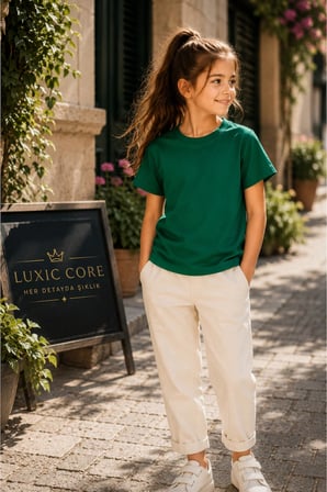 Luxic Core Erkek Çocuk Tişört Unisex Oversize Yeşil Pamuk 13-14 Yaş Bisiklet Yaka Kısa Kol