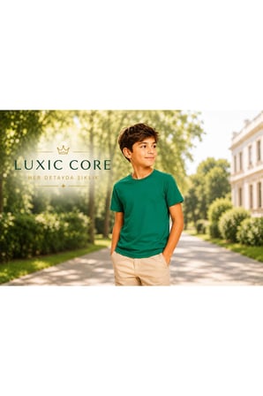 Luxic Core Erkek Çocuk Tişört Unisex Oversize Yeşil Pamuk 13-14 Yaş Bisiklet Yaka Kısa Kol