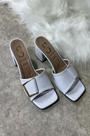 Günlük Kadın Terlik Tokalı Kalın Topuklu Bantlı Küt Burunlu Rahat Yumuşak Taban 219