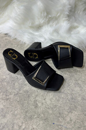 Günlük Kadın Terlik Tokalı Kalın Topuklu Bantlı Küt Burunlu Rahat Yumuşak Taban 219