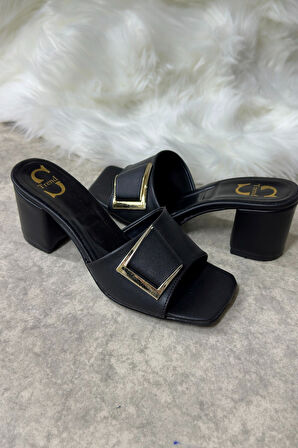 Günlük Kadın Terlik Tokalı Kalın Topuklu Bantlı Küt Burunlu Rahat Yumuşak Taban 219