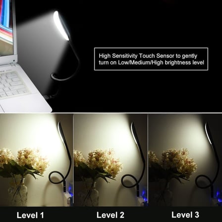 Kyrotech 3 Mod Seviyeli Dokunmatik USB LED Masa Lambası, 14 LED Beyaz Işık, Ayarlanabilir Parlaklık, Kitap Okuma Lambası, Çalışma Masası Ofis Lambası, PC, Laptop Uyumlu, Gece Lambası