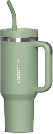 Tumbler Quencher Cup 1200 ML Pipetli Rahat İçim Kulplu SUS304 Paslanmaz Çelik 1.2L Termos 1103-1200ML Yeşil