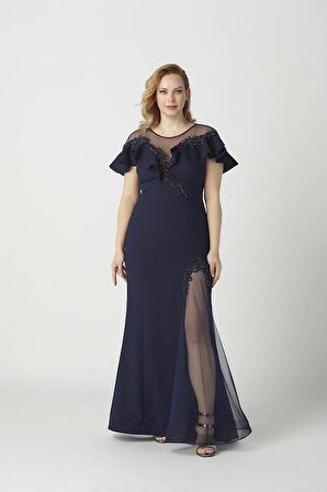 21923 Lacivert Yırtmaçlı İşlemeli Şık Büyük Beden Abiye Elbise