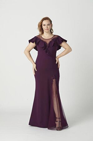 21923 Mürdüm Yırtmaçlı İşlemeli Şık Büyük Beden Abiye Elbise