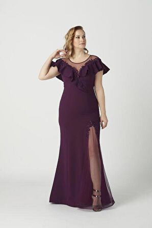 21923 Mürdüm Yırtmaçlı İşlemeli Şık Büyük Beden Abiye Elbise