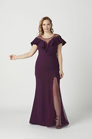 21923 Mürdüm Yırtmaçlı İşlemeli Şık Büyük Beden Abiye Elbise