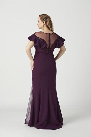 21923 Mürdüm Yırtmaçlı İşlemeli Şık Büyük Beden Abiye Elbise