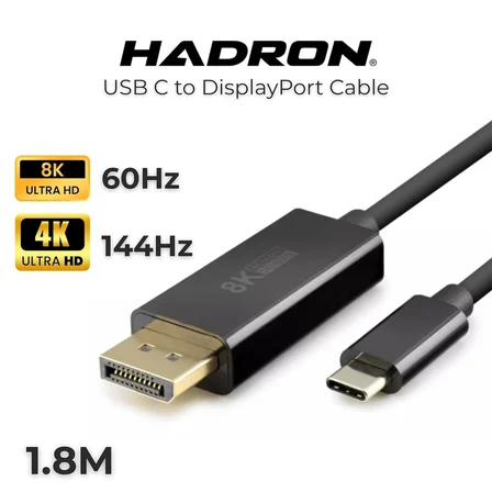 Type-C to DisplayPort Kablo - 8K 60Hz / 4K 144Hz Destekli, 1.8 Metre, Thunderbolt 3/4 Uyumlu, MacBook, iPad ve Yeni Nesil Laptoplar için DP Dönüştürücü Görüntü Kablosu (Siyah)