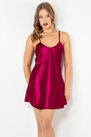 miorre İnce Askılı Mini Saten Gecelik,Bordo M/L