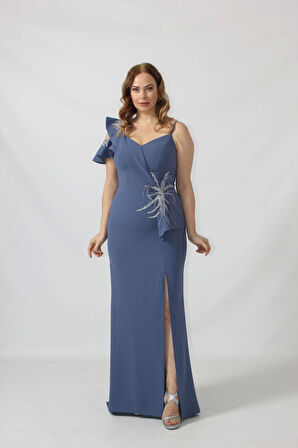 21927 İndigo Omuzu İki Katlı Beli Taş İşlemeli Kadın Büyük Beden Abiye Elbise