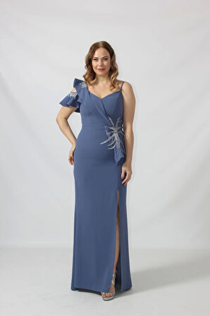 21927 İndigo Omuzu İki Katlı Beli Taş İşlemeli Kadın Büyük Beden Abiye Elbise