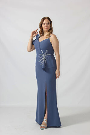 21927 İndigo Omuzu İki Katlı Beli Taş İşlemeli Kadın Büyük Beden Abiye Elbise