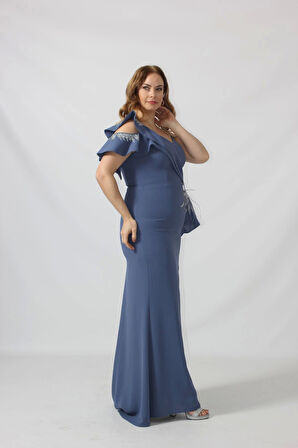 21927 İndigo Omuzu İki Katlı Beli Taş İşlemeli Kadın Büyük Beden Abiye Elbise