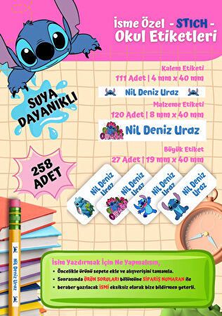 Stitch Temalı Kişiye Özel Suya Dayanıklı Okul Etiketi Seti - 258 Adet İsimli Etiket