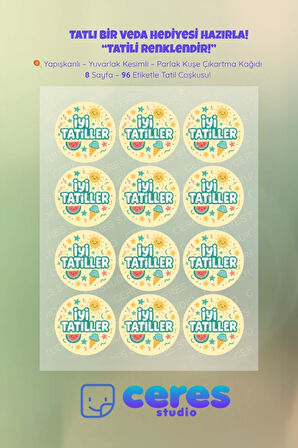 İyi Tatiller Sticker Seti İ9 - 96 Adet Yuvarlak Etiket | Yapışkanlı, Parlak Kuşe Çıkartma Kağıdı